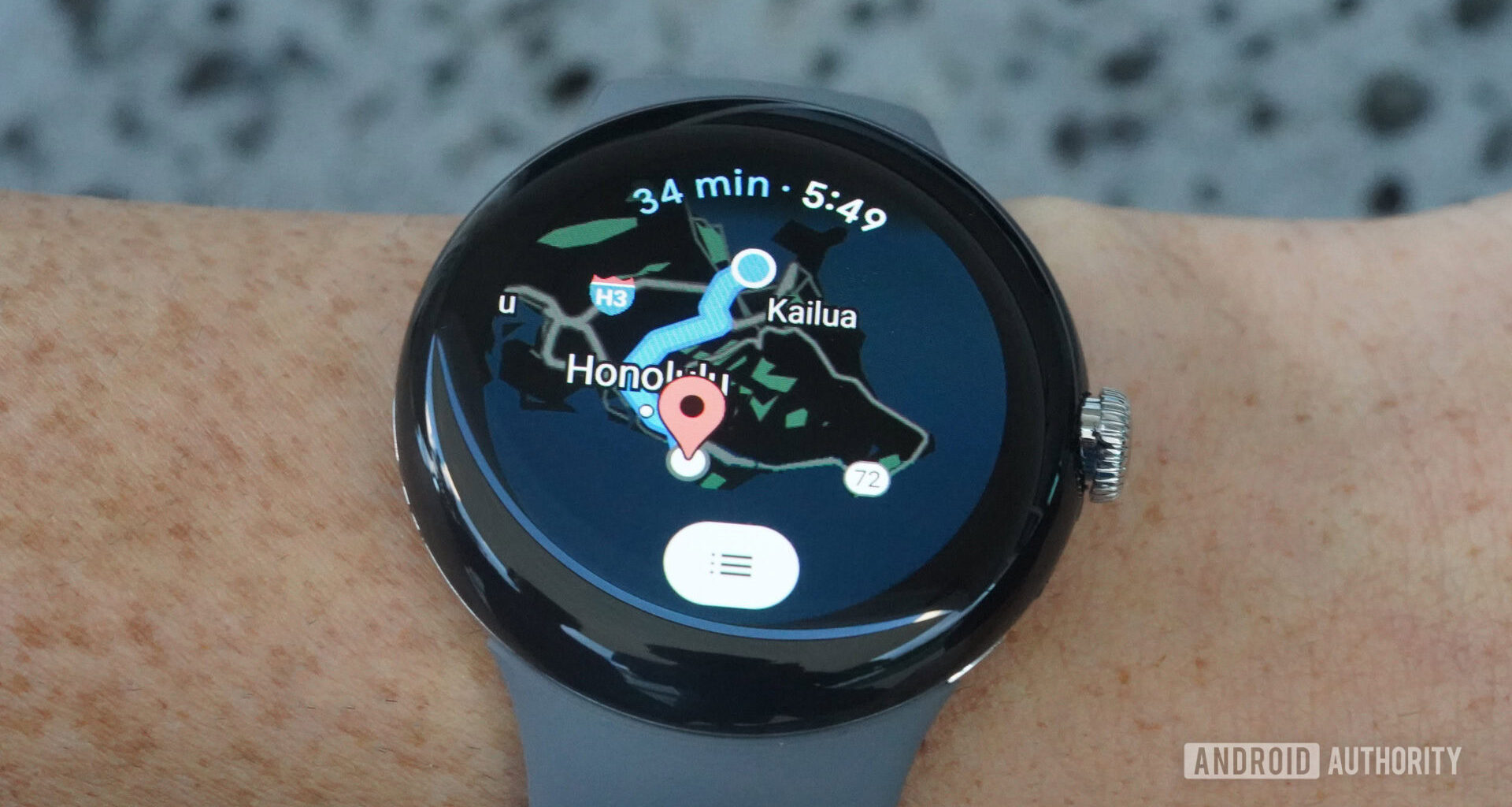 A Google Pixel Watch displays directions in the Google Maps app.