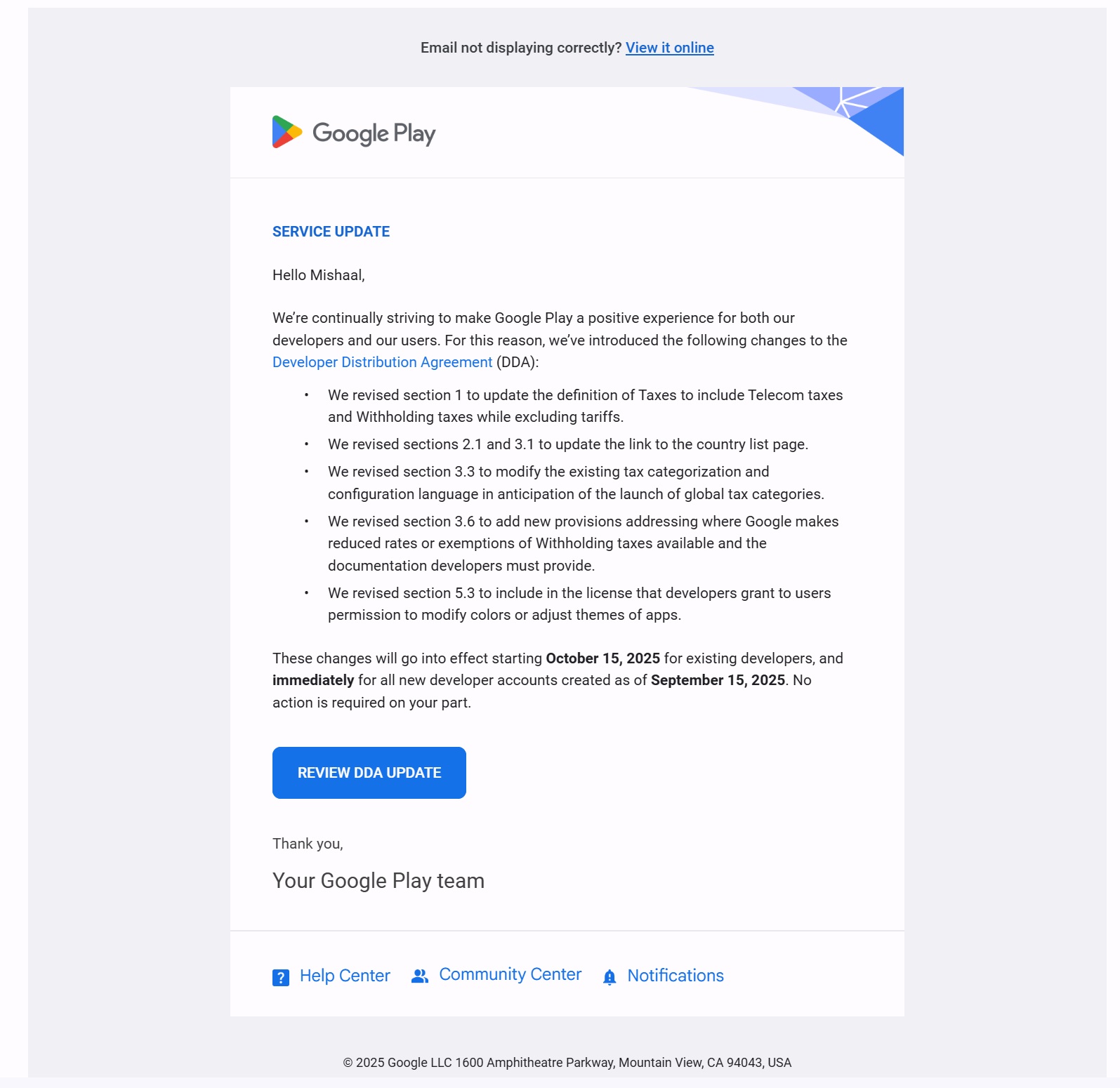 Google Play Developer Distribution Agreement update September 15 2025