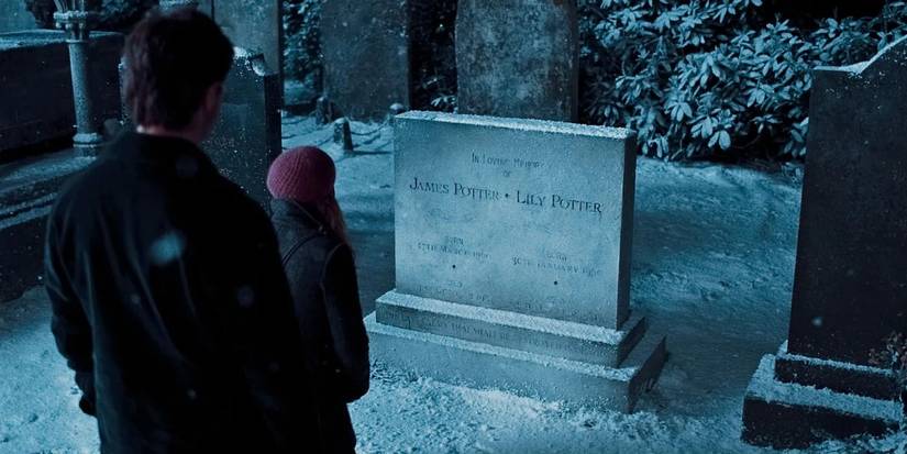 Harry and Hermione at Lily and James' grave in Harry Potter.