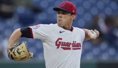 Cleveland Guardians' Joey Cantillo pitches in the first inning of a baseball game against the Kansas City Royals in Cleveland, Tuesday, Sept. 9, 2025. (AP Photo/Sue Ogrocki)