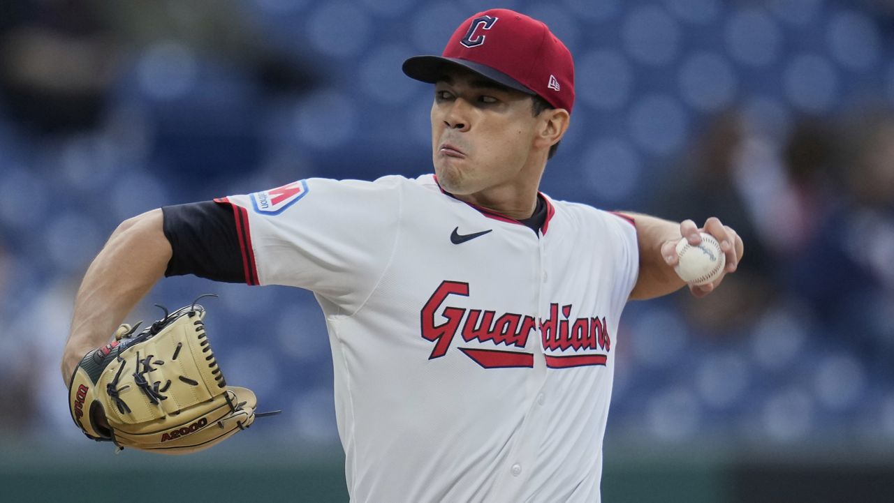 Cleveland Guardians' Joey Cantillo pitches in the first inning of a baseball game against the Kansas City Royals in Cleveland, Tuesday, Sept. 9, 2025. (AP Photo/Sue Ogrocki)