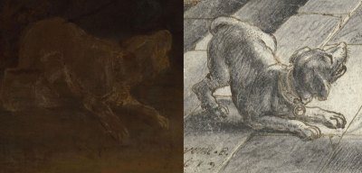 A composite image showing two similar looking dogs. One is from 'The Night Watch' by Rembrandt and the other is from an etching by Adriaen Van de Venne.