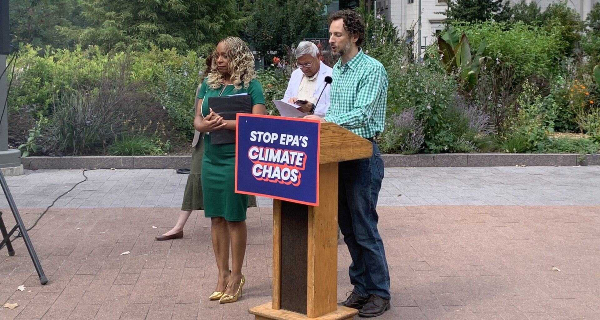 City Councilmember Jamie Gauthier and Clean Air Council Executive Director Alex Bomstein speak at a rally in Love Park supporting the EPA