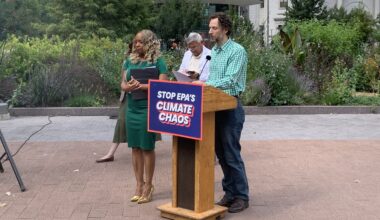 City Councilmember Jamie Gauthier and Clean Air Council Executive Director Alex Bomstein speak at a rally in Love Park supporting the EPA