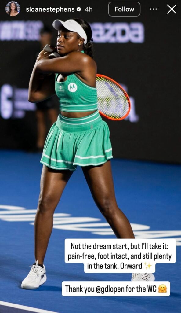 Sloane Stephens posts message on Instagram about her fitness after playing first match in seven months at the Guadalajara Open.