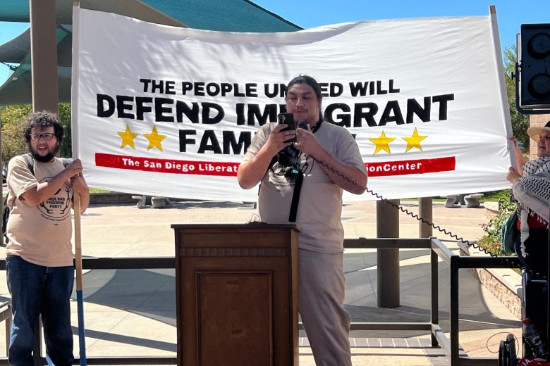 A speaker at the Sept. 9, 2025 protest in El Cajon. (Photo by Roberto Camacho/TImes of San Diego)