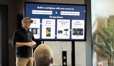 Photograph of Jeremy Jacobs presenting about his startup, UnDesked, on Aug. 20 at a lunch-and-learn hosted by the WKU Innovation Campus and the region nonprofit CREATE — a chance for community members to meet three entrepreneurs and ask about starting a company.