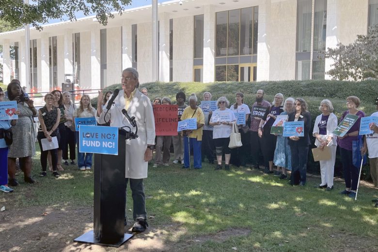 Wesley Wallace, a professor emeritus of emergency medicine at UNC Chapel Hill, speaks during an event in front of the state legislature on Sept. 22, 2025.