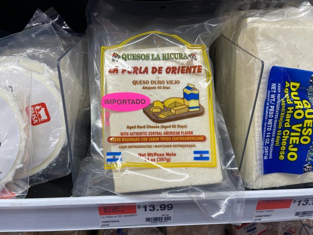 Imported aged hard cheese from Nicaragua displayed on the shelf at GW Supermarket, 12303 E Mississippi Ave, Aurora, CO, on April 10, 2025. (The Denver Post/Jessica Alvarado Gamez)