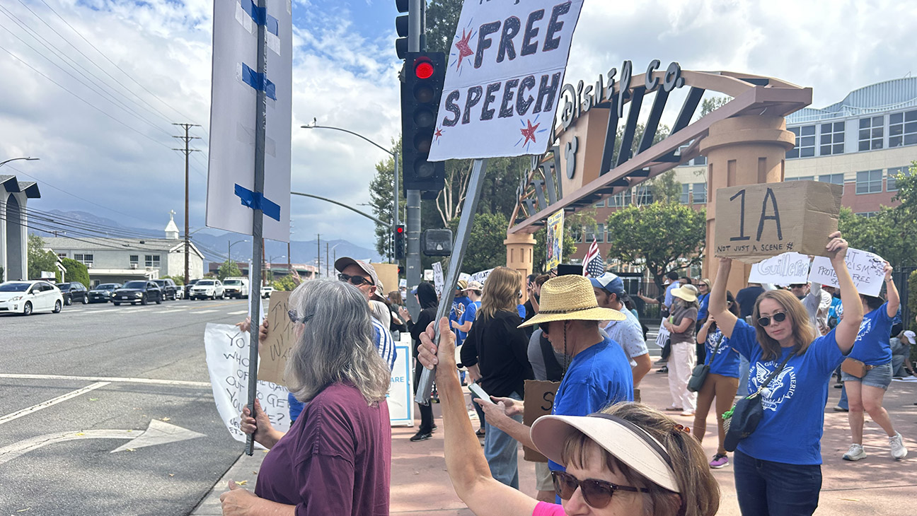 Protest against Jimmy Kimmel's suspension at Walt Disney Studios in Burbank