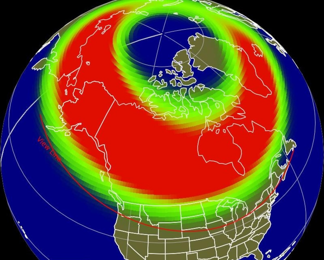 Map of Northern Hemisphere showing likelihood of aurora on Aug. 7