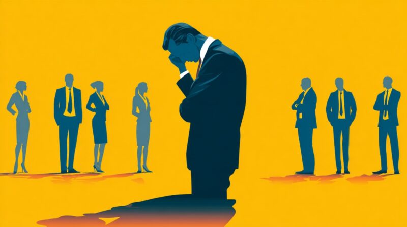 Illustration of a worried businessman surrounded by silhouettes of other professionals, symbolizing uneven job market challenges across industries