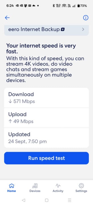 Internet speed test using Eero 571Mbps