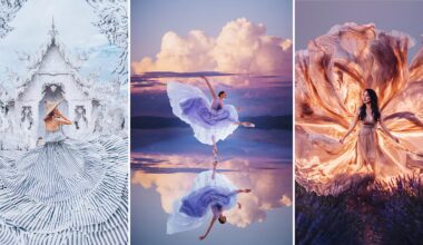 Three women in elegant dresses pose artistically: one stands before an ornate white temple, another dances gracefully over a reflective watery surface, and the third stands amid swirling fabric in a field at sunset.