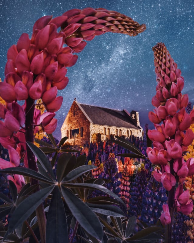A stone church is illuminated under a starry night sky, surrounded by tall, vibrant pink and purple lupine flowers in the foreground.