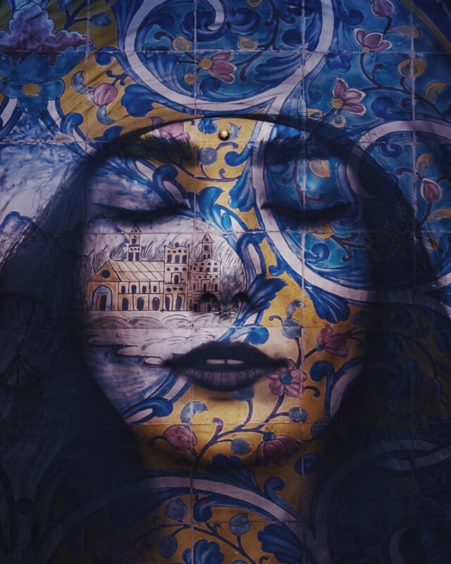 A woman's face is blended with intricate, colorful tile art featuring floral patterns and a detailed church, creating a surreal, double-exposure effect with vivid blue, yellow, and purple hues.