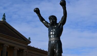 Sylvester Stallone's personal casting of the 'Rocky' statue on Dec. 3, 2024, the day it was "temporarily" installed at the top of the steps of the Philadelphia Museum of Art. The statue was supposed to be removed Dec. 31 but still remains, and nobody will say why.