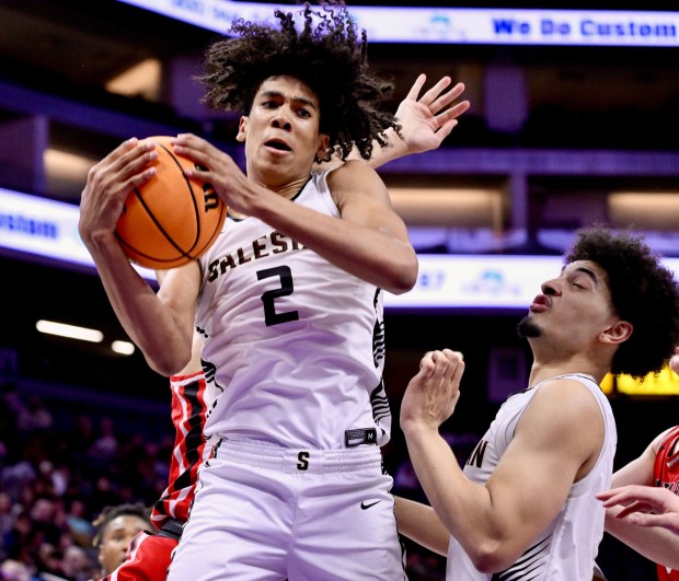Elias Obenyah #3 of Salesian College Prep rebounds against Harvard-Westlake in the second half of a CIF State Division Open Division boys basketball championship game at the Golden 1 Center in Sacramento on Saturday, March 9, 2024. (Photo by Keith Birmingham, Pasadena Star-News/ SCNG)