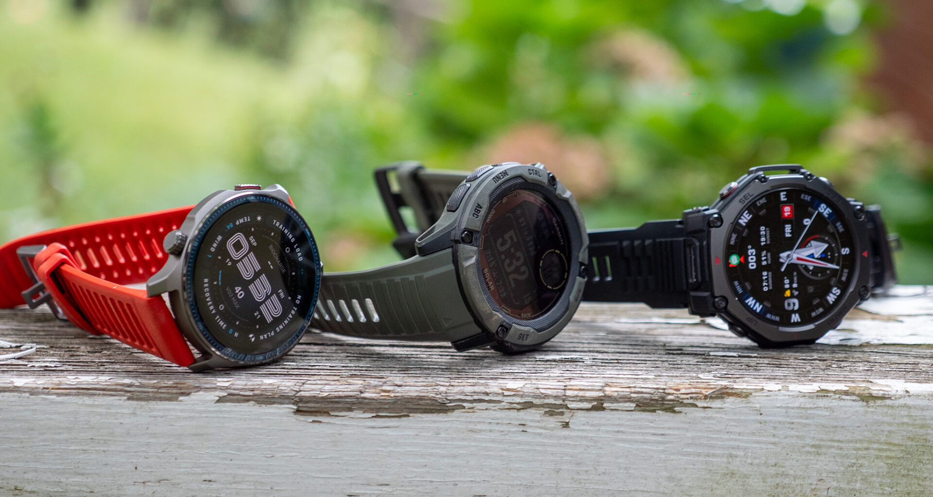 An Amazfit Balance 2, Amazfit T-Rex 3 Pro, and Garmin Instinct 2X Solar smartwatch