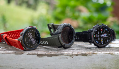 An Amazfit Balance 2, Amazfit T-Rex 3 Pro, and Garmin Instinct 2X Solar smartwatch