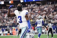 Dallas Cowboys wide receiver George Pickens (3) celebrates after scoring on a touchdown ...