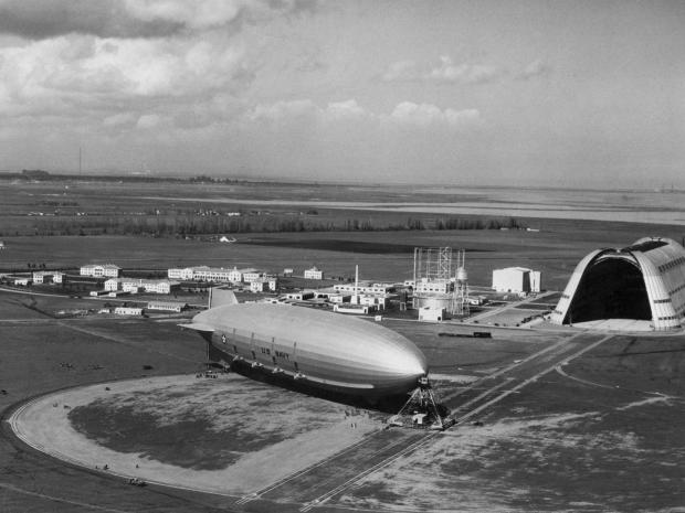 The USS Macon is moored at Naval Air Station Sunnyvale in the Bay Area in the 1930s. (Moffett Field Museum)