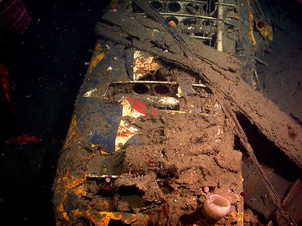 The submerged wreck of the USS Macon remains within the Monterey Bay National Marine Sanctuary, where the colors of one of the airship's Sparrowhawk biplanes are still visible 90 years later. (NOAA-MBNMS)