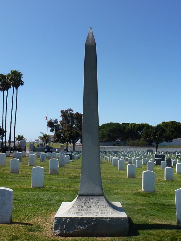 A striking monument at Fort Rosecrans National Cemetery in Point Loma honors Charles Ivan Aller, who was killed in the R38/ZR-2 crash in Hull, England, in 1921. (Karen Scanlon)