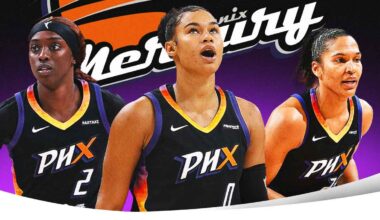 Phoenix Mercury forward Satou Sabally (0) shields the ball from Minnesota Lynx forward Napheesa Collier (24) during game three of the second round for the 2025 WNBA Playoffs at PHX Arena.