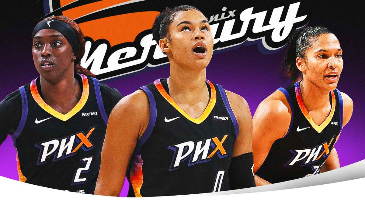 Phoenix Mercury forward Satou Sabally (0) shields the ball from Minnesota Lynx forward Napheesa Collier (24) during game three of the second round for the 2025 WNBA Playoffs at PHX Arena.