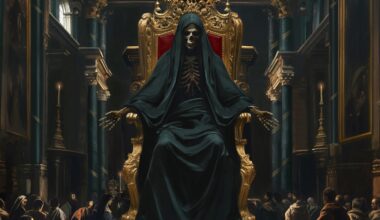 Hooded skeleton draped in black sits on an ornate gold throne atop steps in a dim Baroque cathedral. Columns, candles, and framed paintings line the hall as robed onlookers face the figure. Ornate teal-gold logo "Mors Principium Est" crowns the image; album title "Darkness Invisible" appears in gold script at the bottom.