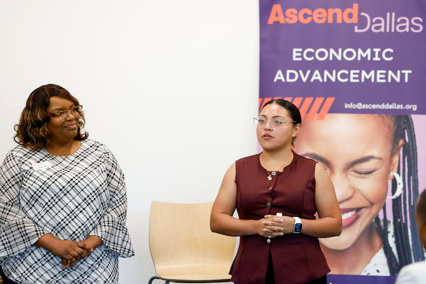Jessica Mota (right) speaks about her experience taking the career in finance program from...