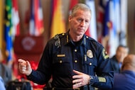Interim Dallas police Chief Michael Igo talks during a conversation with faith and community...