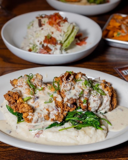 Chicken-fried steak from Dudley's Sports Grill in Dallas is made with Wagyu beef, garlic...