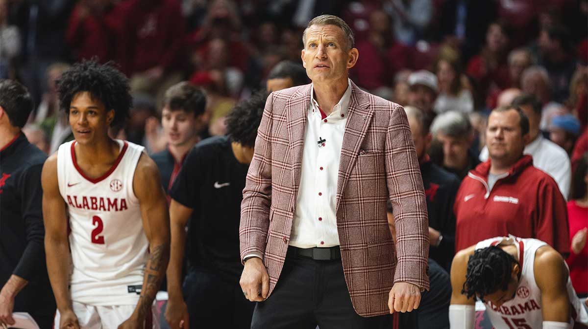 Alabama Crimson Tide head coach Nate Oats directs his team against the Florida Gators during the first half at Coleman Coliseum.