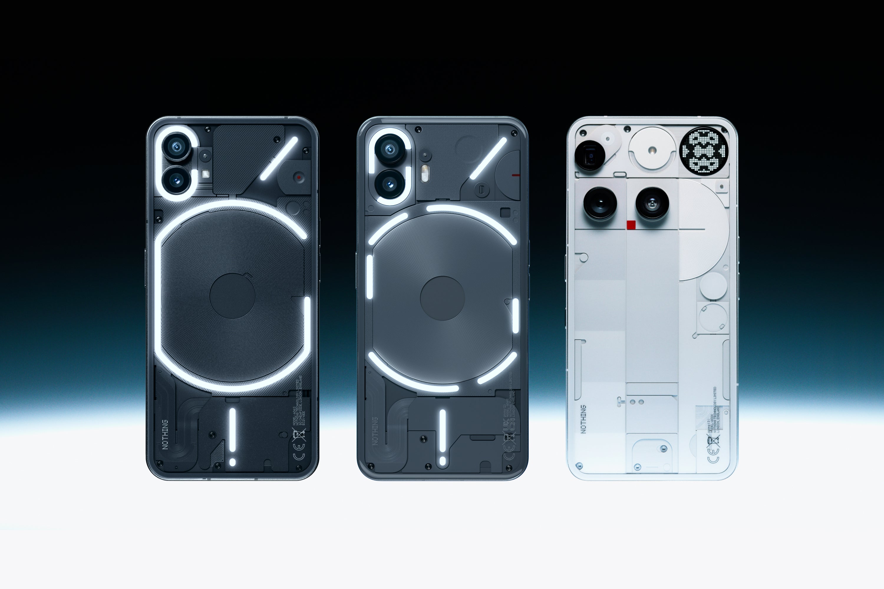 Images of the Nothing Phone (1), Phone (2), and Phone (3) lined up in order