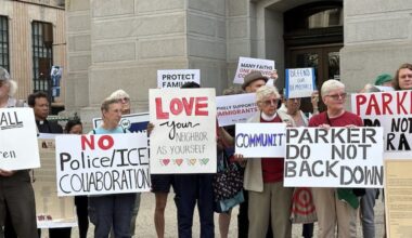 Supporters of the New Sanctuary Movement rally outside Philadelphia City Hall to urge Mayor Cherelle Parker to stand up to Trump on sanctuary cities.
