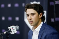 TCU quarterback Josh Hoover speaks to reporters during Big 12 Media Days at the Ford Center,...