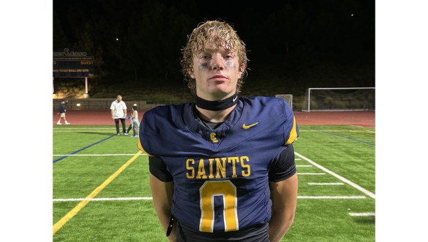 Crean Lutheran senior Dillon Booth ran for two touchdowns and had more than 100 yards receiving as the Saints routed La Serna 38-14 on Friday, Sept. 19, 2025. (Photo by Zach Cavanagh)