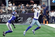 Dallas Cowboys wide receiver Jalen Tolbert (1) catches a pass in front of New York Giants...