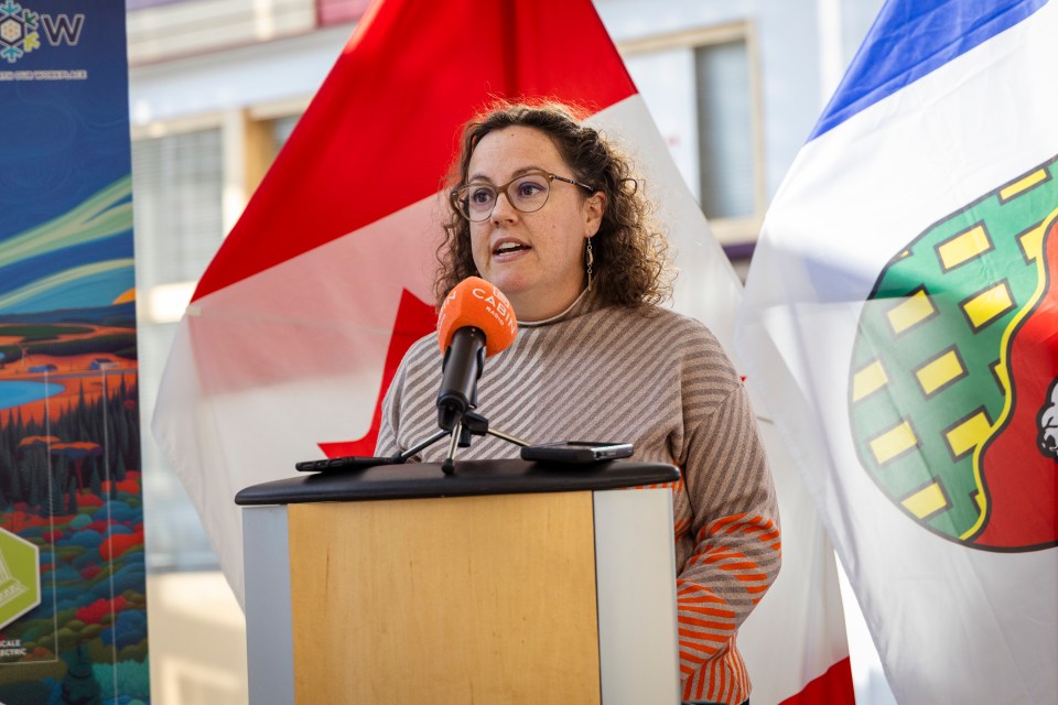 Rebecca Alty makes an announcement on September 26, 2025. Ollie Williams/Cabin Radio