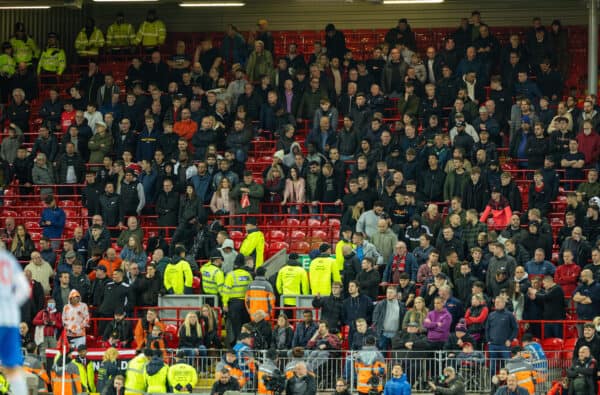 LIVERPOOL, ENGLAND - Tuesday, April 19, 2022: Empty seats as Manchester United supporters leave with over ten minutes to go during the FA Premier League match between Liverpool FC and Manchester United FC at Anfield. (Pic by David Rawcliffe/Propaganda)