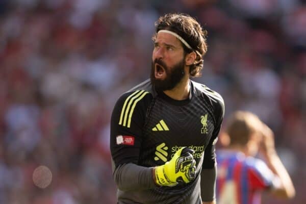 LONDON, ENGLAND - Sunday, August 10, 2025: Liverpool's goalkeeper Alisson Becker celebrates after saving a penalty during the penalty shoot-out during the FA Community Shield match between Crystal Palace FC and Liverpool FC at Wembley Stadium. (Photo by David Rawcliffe/Propaganda)