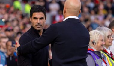 LIVERPOOL, ENGLAND - Sunday, August 31, 2025: Liverpool's head coach Arne Slot and Arsenal's manager Mikel Arteta shaking hands before the FA Premier League match between Liverpool FC and Arsenal FC at Anfield. (Photo by David Rawcliffe/Propaganda)