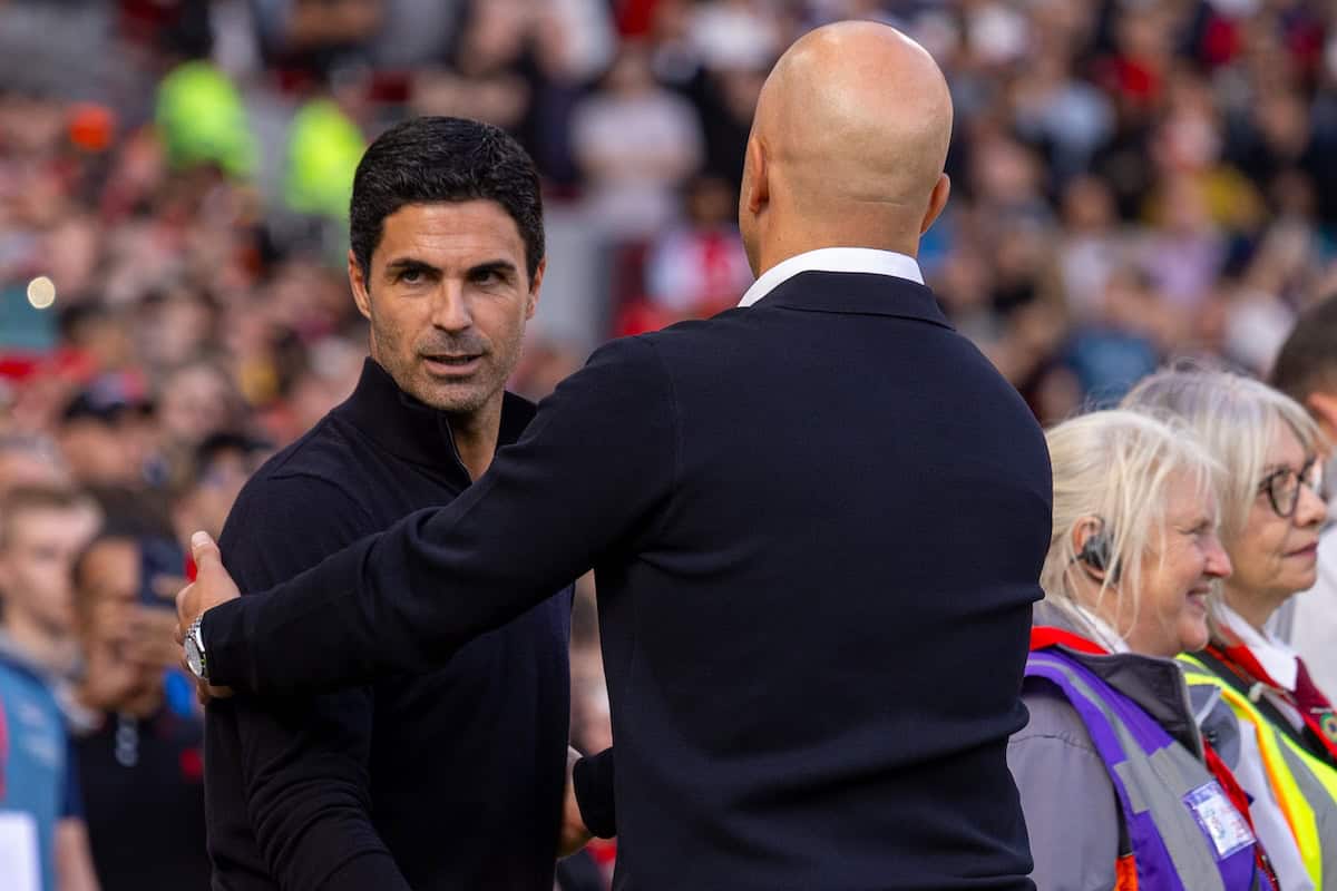 LIVERPOOL, ENGLAND - Sunday, August 31, 2025: Liverpool's head coach Arne Slot and Arsenal's manager Mikel Arteta shaking hands before the FA Premier League match between Liverpool FC and Arsenal FC at Anfield. (Photo by David Rawcliffe/Propaganda)