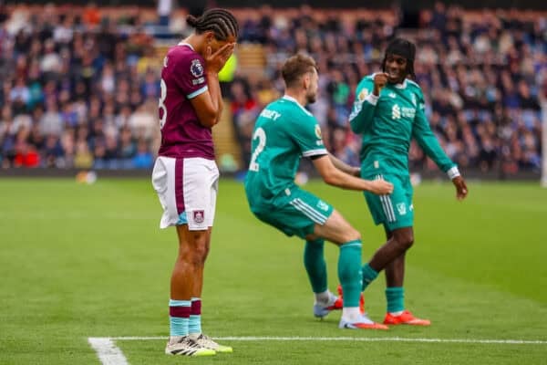 BURNLEY, ENGLAND - Sunday, September 14, 2025: Burnley's Hannibal Mejbri looks dejected after conceeding a penalty via a handball during the FA Premier League match between Burnley FC and Liverpool FC at Turf Moor. (Photo by David Rawcliffe/Propaganda)
