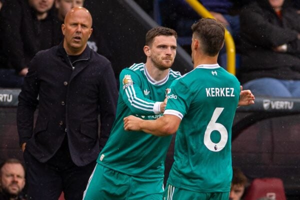 BURNLEY, ENGLAND - Sunday, September 14, 2025: Liverpool's Milos Kerkez is replaced by substitute Andy Robertson during the FA Premier League match between Burnley FC and Liverpool FC at Turf Moor. (Photo by David Rawcliffe/Propaganda)