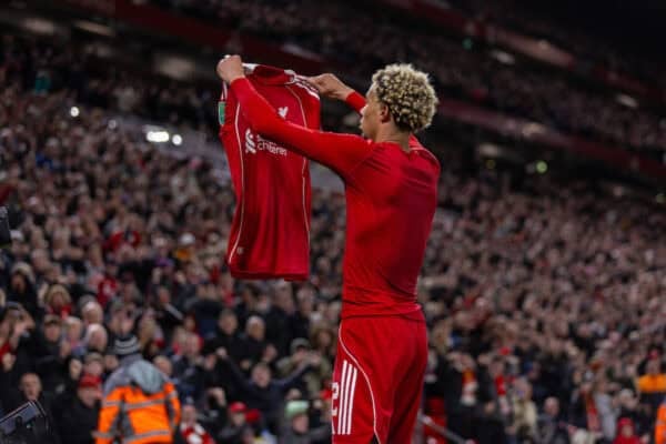 LIVERPOOL, ENGLAND - Tuesday, September 23, 2025: Liverpool's Hugo Ekitike holds his shirt up as he celebrates after scoring the second goal during the Football League Cup 3rd Round match between Liverpool FC and Southampton FC at Anfield. (Photo by David Rawcliffe/Propaganda)