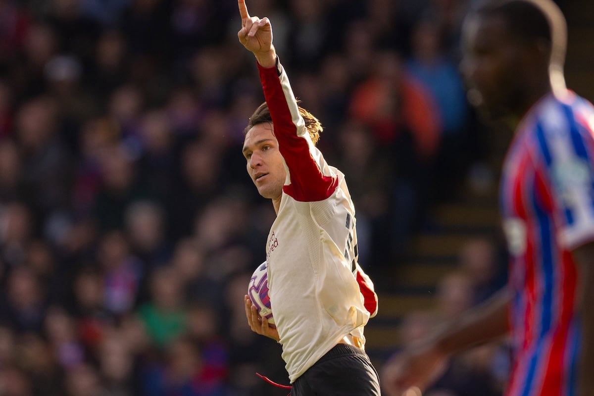 LONDON, ENGLAND - Saturday, September 27, 2025: Liverpool's Federico Chiesa celebrates after scoring his team first and equalising goal the FA Premier League match between Crystal Palace FC and Liverpool FC at Selhurst Park. (Photo by David Rawcliffe/Propaganda)