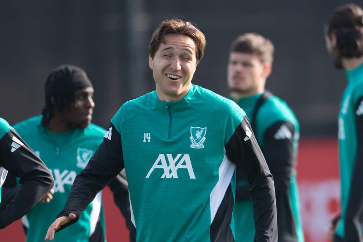 LIVERPOOL, ENGLAND - Monday, September 29, 2025: Liverpool's Federico Chiesa during a training session at the AXA Training Centre ahead of the UEFA Champions League match between Galatasaray A.?. and Liverpool FC. (Photo by Richard Martin-Roberts/Propaganda)